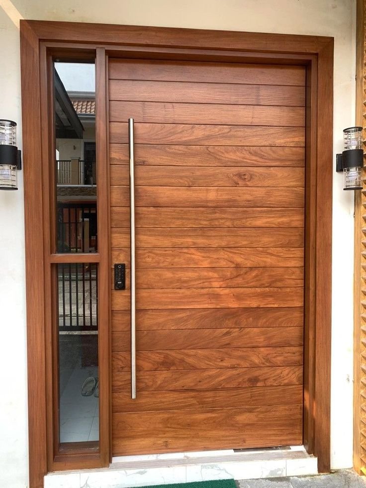 Modern Horizontal Slat Pivot Door with Walnut Accent